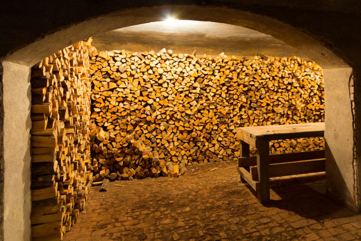 Firewood stacked inside an old cellar