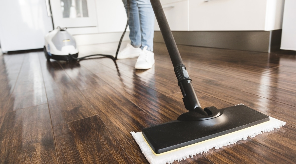 Woman Steam Cleaning Wood Floor